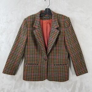 Vtg Giorgio Saint Angelo Blazer Women 10 Colorful Houndstooth 100% Wool Lined